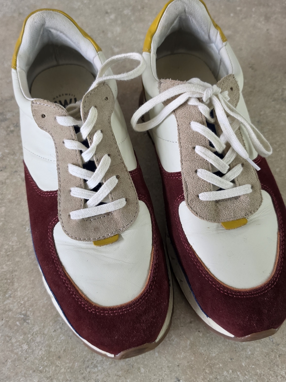 Madewell Men’s White, Burgundy & Tan Lace-Up Sneakers with Yellow Accents
